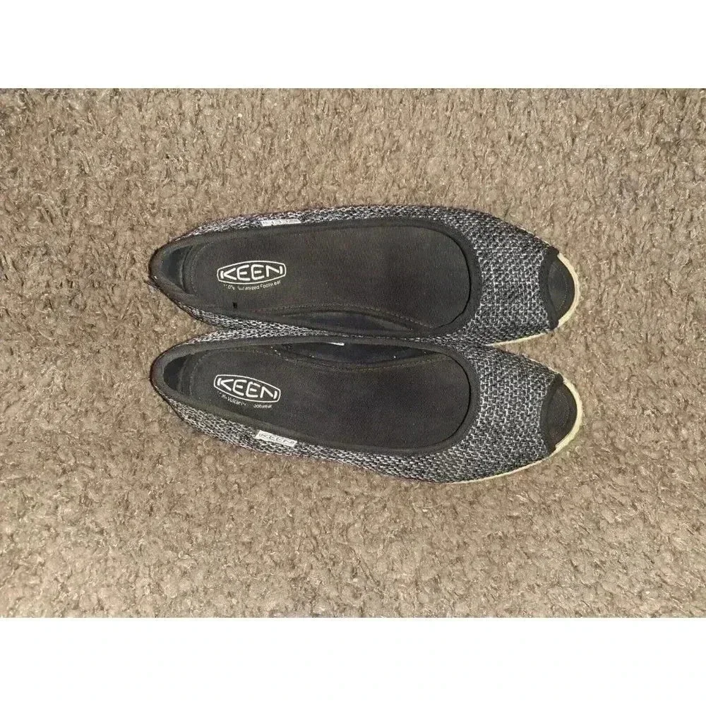 KEEN Cortana-Wedge Jute Shoes-Black/Gray Peep Toe-Sz 7-Near Mint